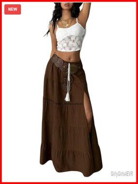 Verdusa Women's Maxi Skirt Boho Lace Ruffle High Slit Layered Western